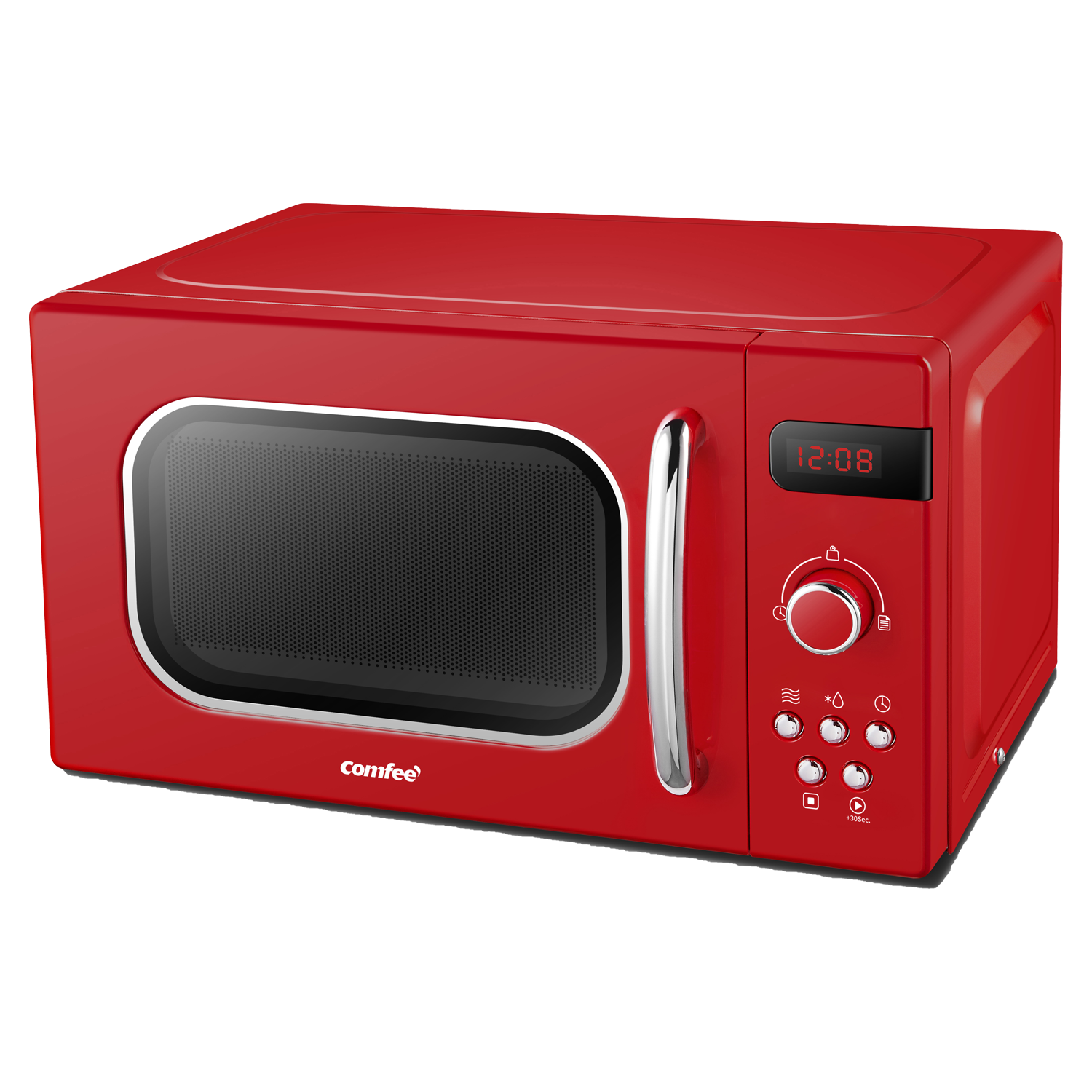 Un forno a microonde rosso con porta nera. Un timer e dei pulsanti sono visibili sul davanti.