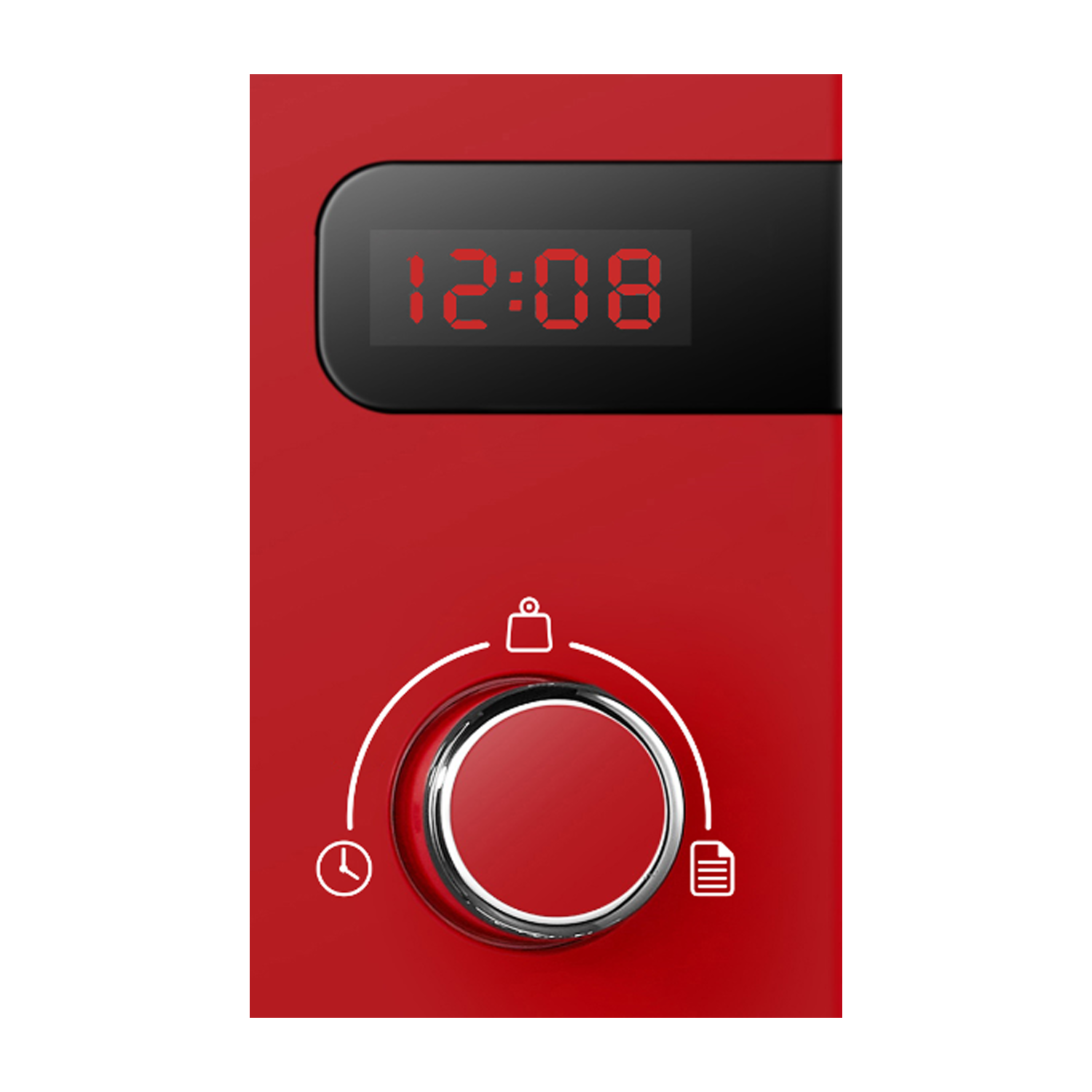 Un primo piano di un dispositivo rosso con un orologio digitale che mostra le 12:08 e un quadrante circolare centrale.