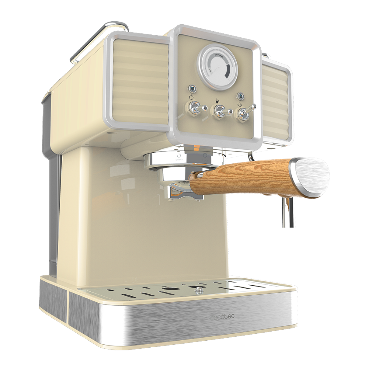 Máquina de espresso beige de estilo retro. Detalles plateados, mango de madera. Fondo negro.