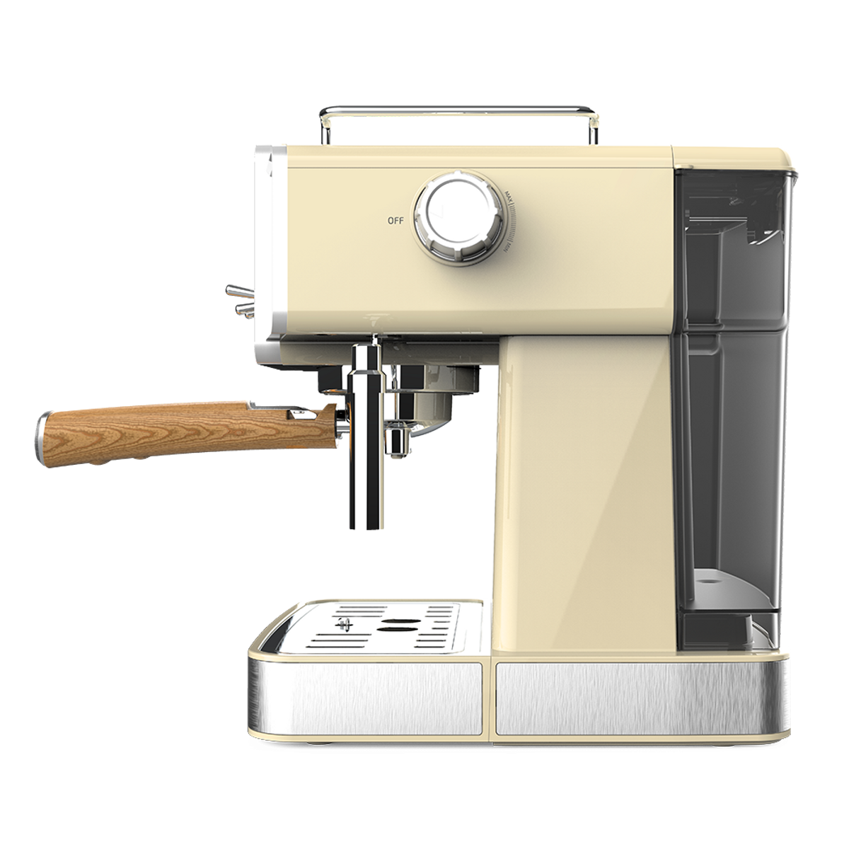 Máquina de espresso beige con mango de madera, detalles plateados y fondo negro.