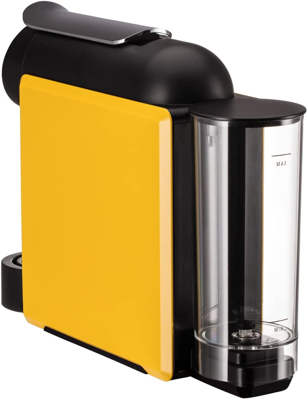 Una cafetera Nespresso amarilla y negra con un depósito de agua transparente. El diseño es moderno.