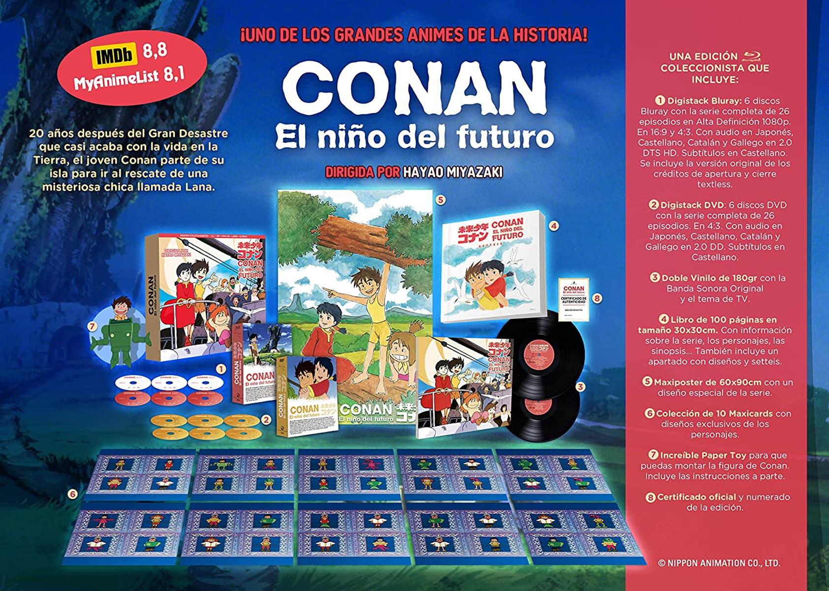 Set de DVD de Conan, el niño del futuro, con múltiples discos, libros y un póster.
