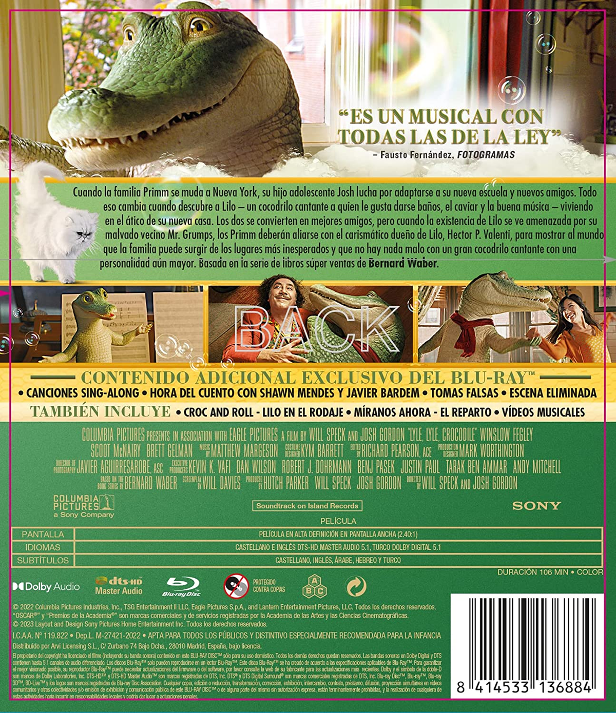 Una carátula de película con un cocodrilo y un gato blanco con texto en español y detalles de la película.