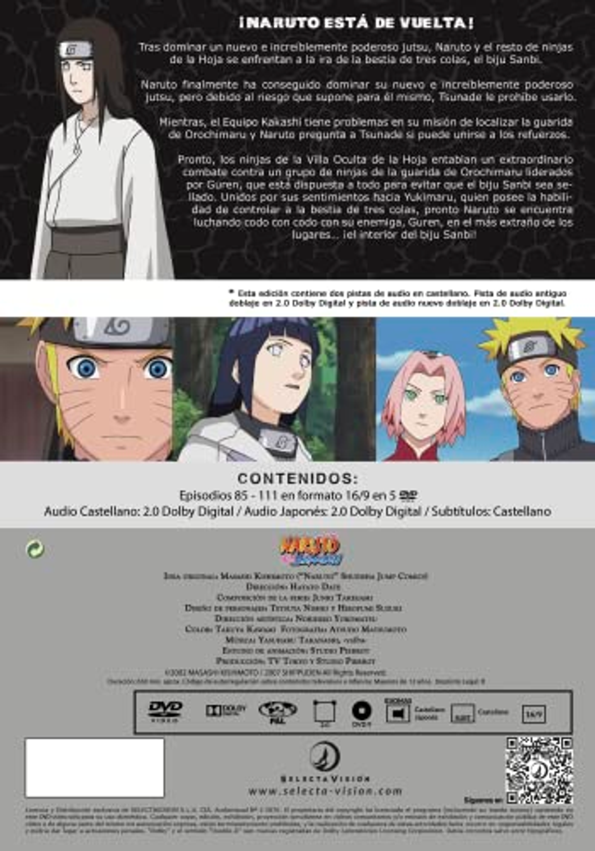 Una contraportada de un DVD de Naruto con personajes del anime.