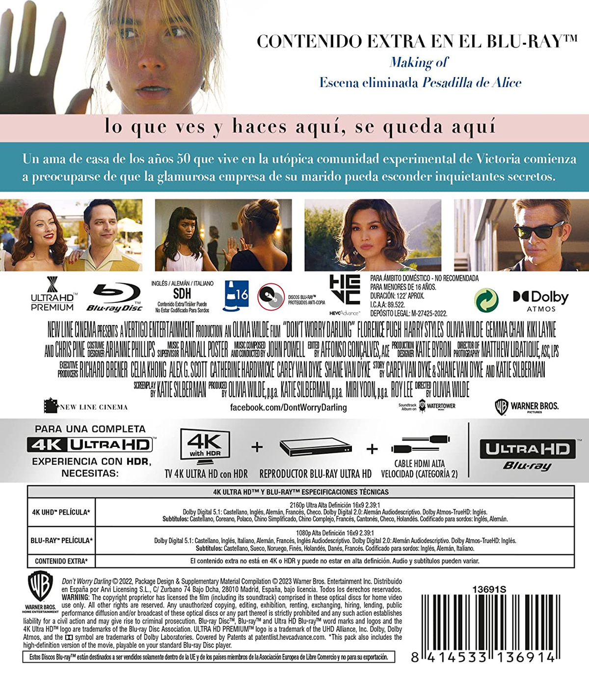 Contraportada de la caja de Blu-ray con detalles de la película, imágenes del elenco y logotipos.