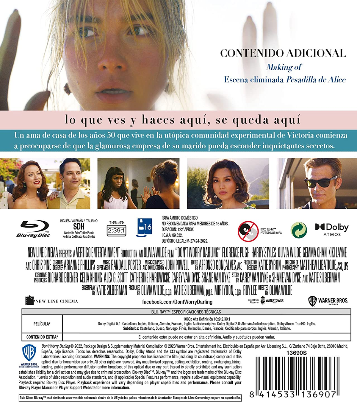Portada de Blu-ray de 'Don't Worry Darling'. La portada presenta a los actores y el título de la película.