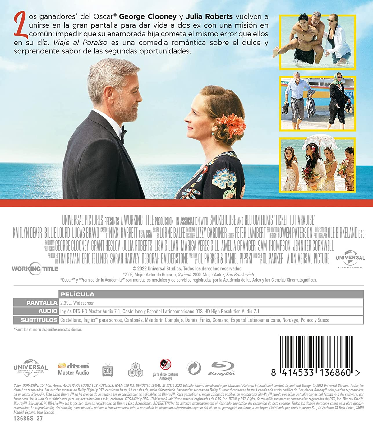 Parte trasera de la caja de un DVD con George Clooney y Julia Roberts en la portada.