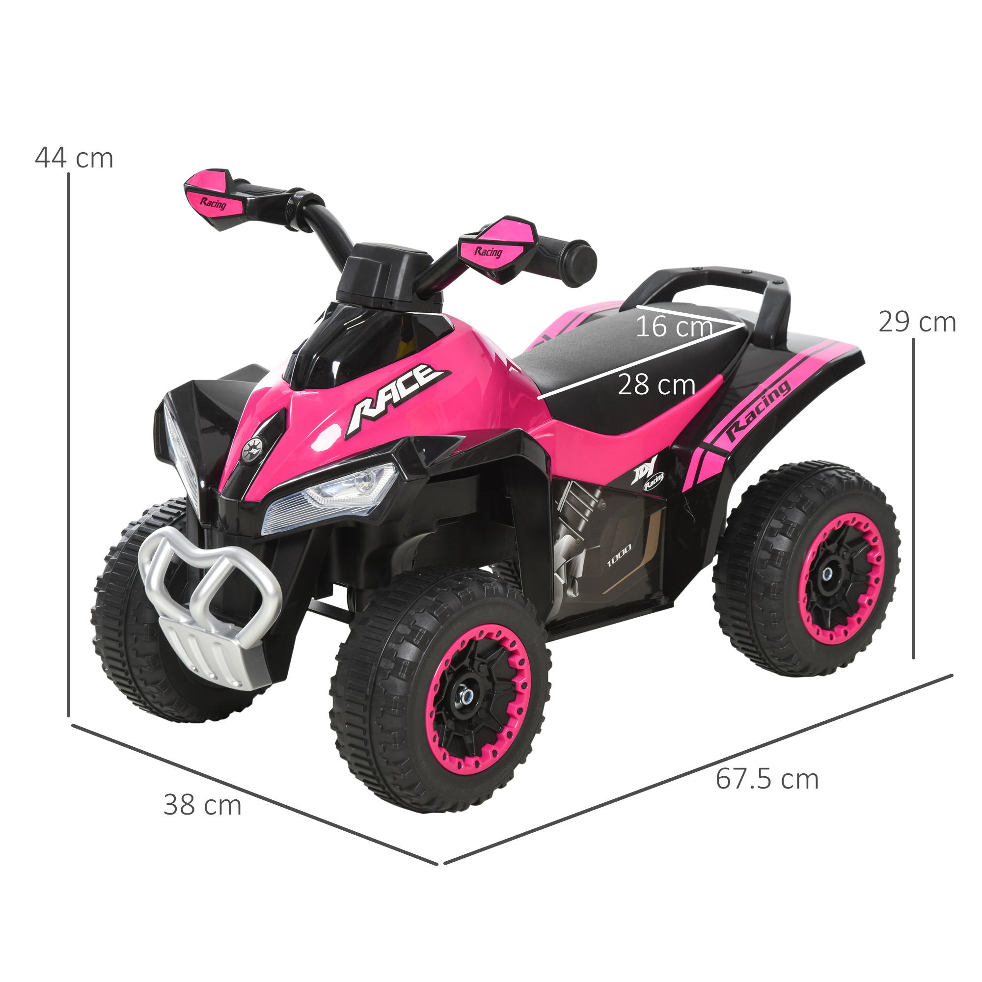 ATV de juguete rosa y negro con medidas, aislado sobre fondo blanco, juguete para niños.