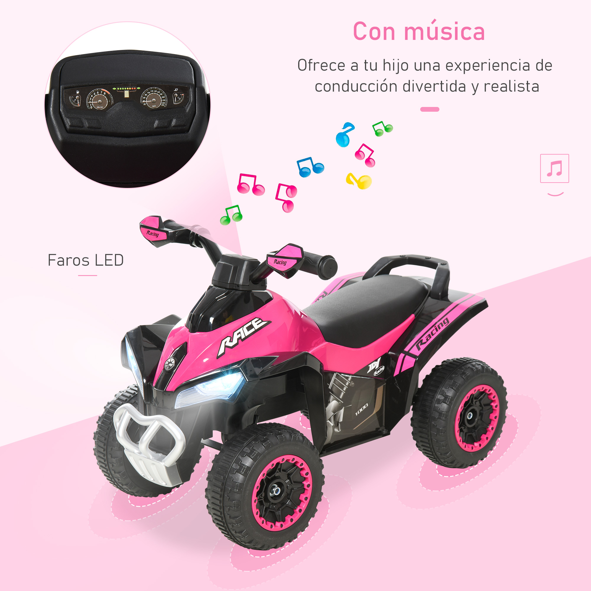 ATV de juguete rosa con faros LED y salpicadero. Tiene neumáticos negros y asiento negro. El fondo es un degradado rosa.