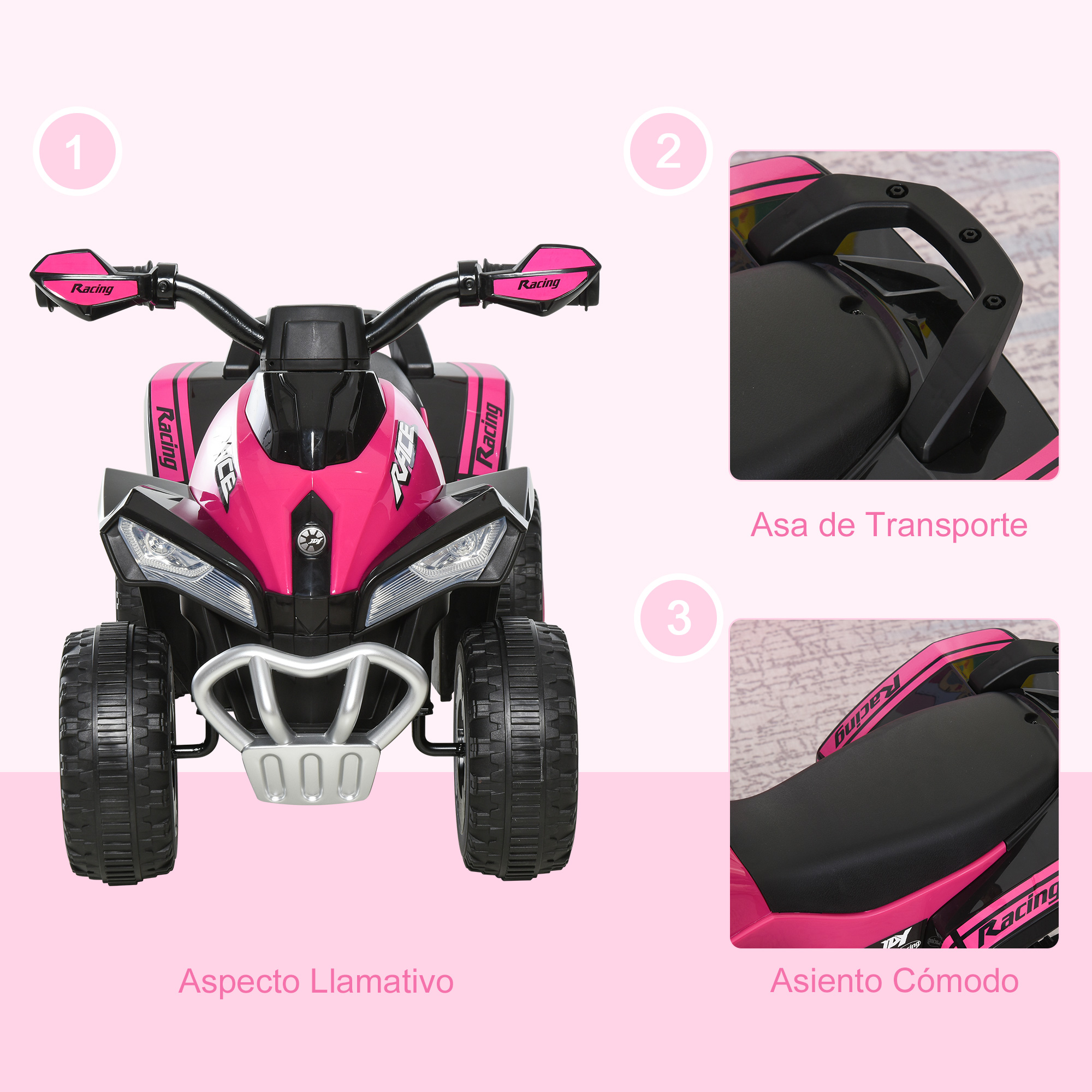Juguete rosa para montar para niños con ruedas negras. Fondo blanco.