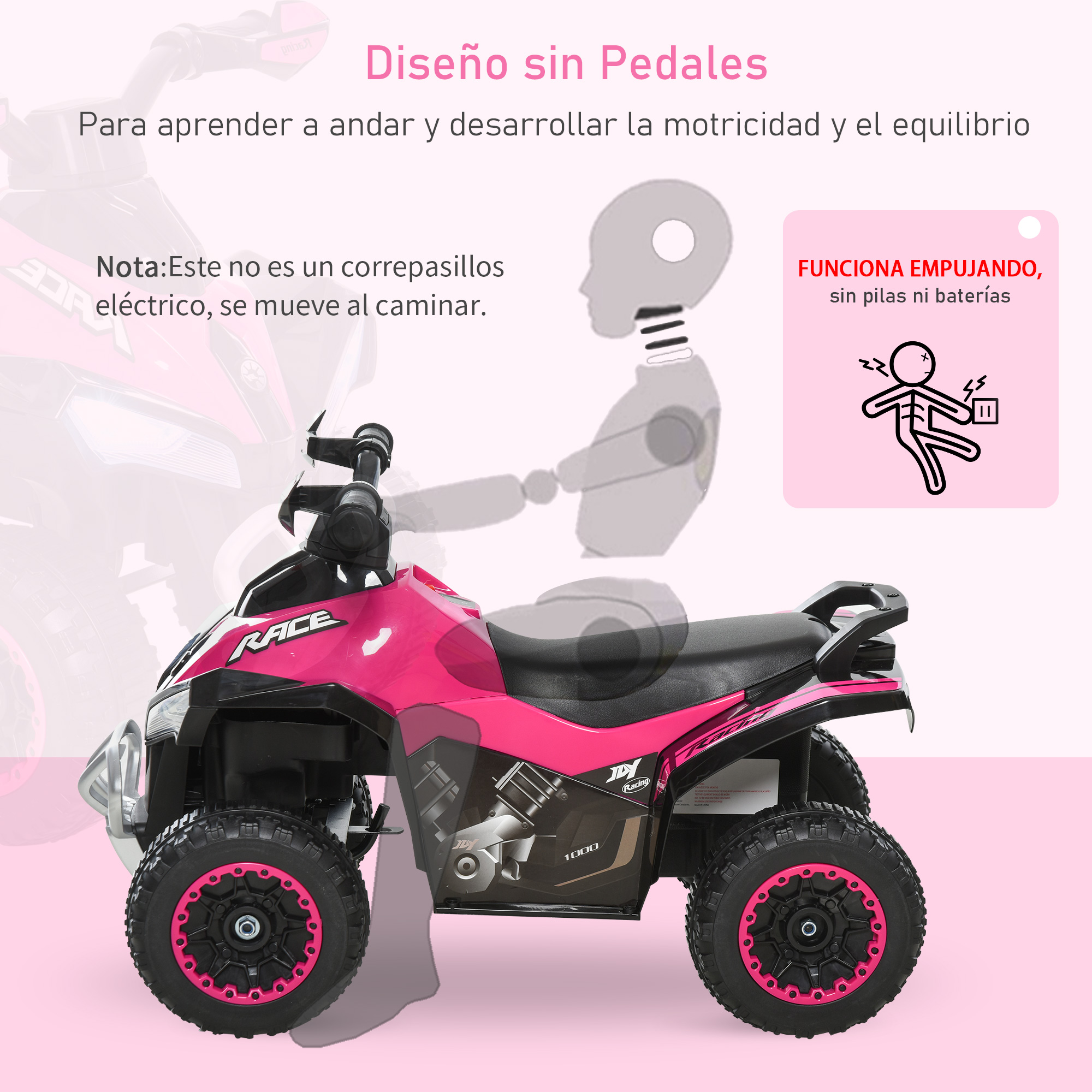 Quad de juguete rosa con ilustración de una persona montando.