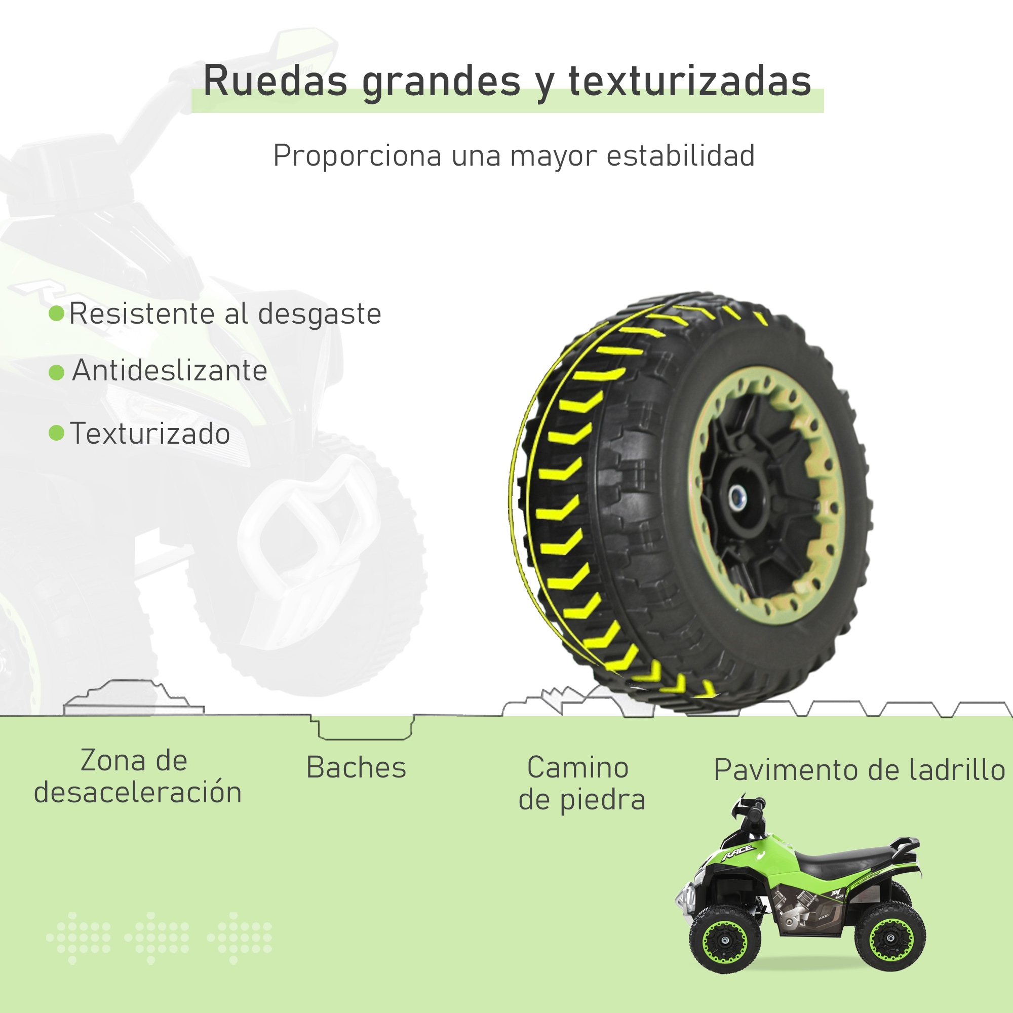 Un juguete ATV verde con neumáticos grandes y texturizados y un diagrama de terrenos.