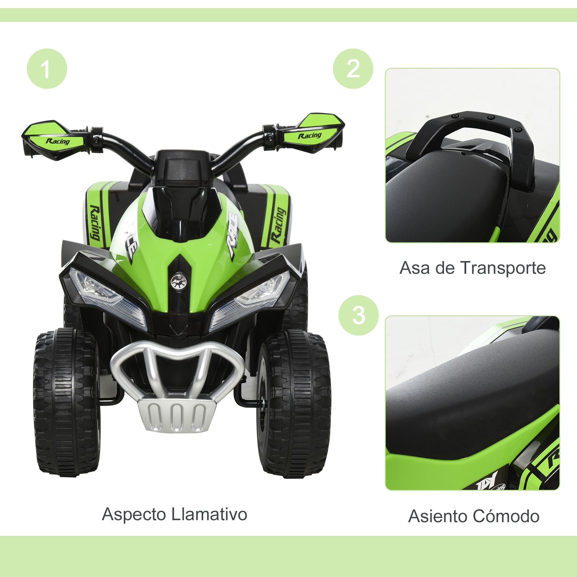 Un quad de juguete verde con imágenes detalladas del asiento y el asa de transporte.