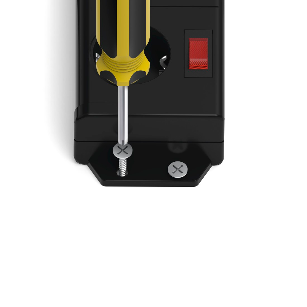 Śrubokręt wkręcający śrubę w czarne gniazdo elektryczne z czerwonym przełącznikiem.