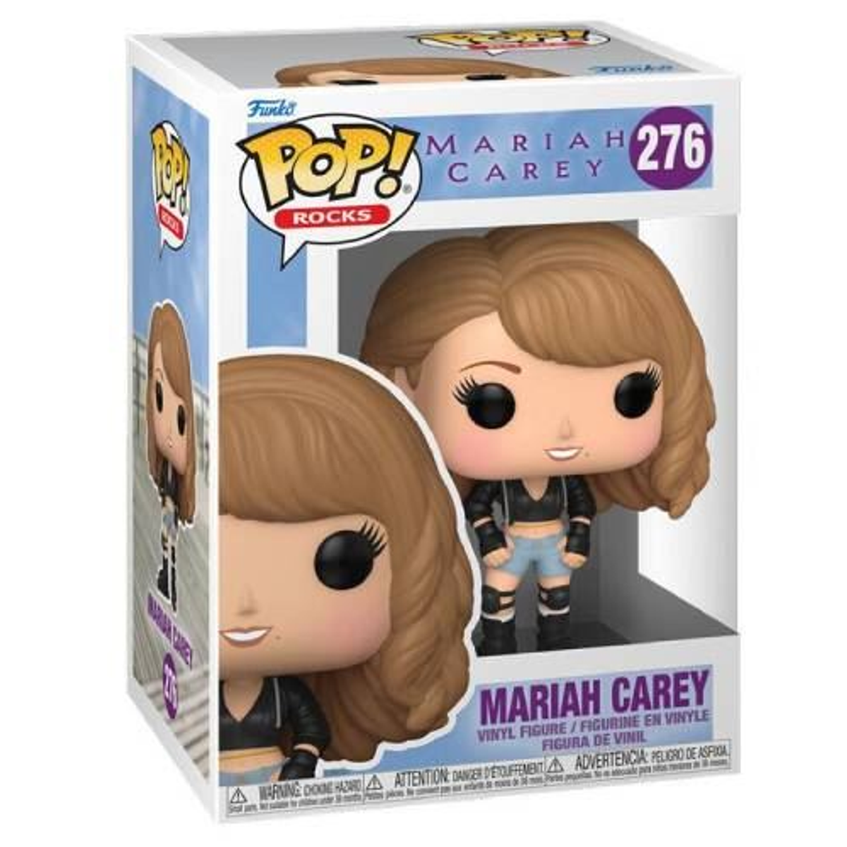 Eine Mariah Carey Funko Pop Figur in einer Box, die Details zeigt.