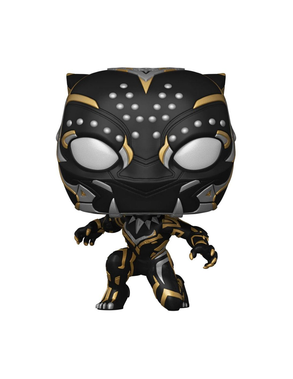 Una figura di Black Panther Funko Pop. È nera e oro. La figura è in posizione accovacciata.