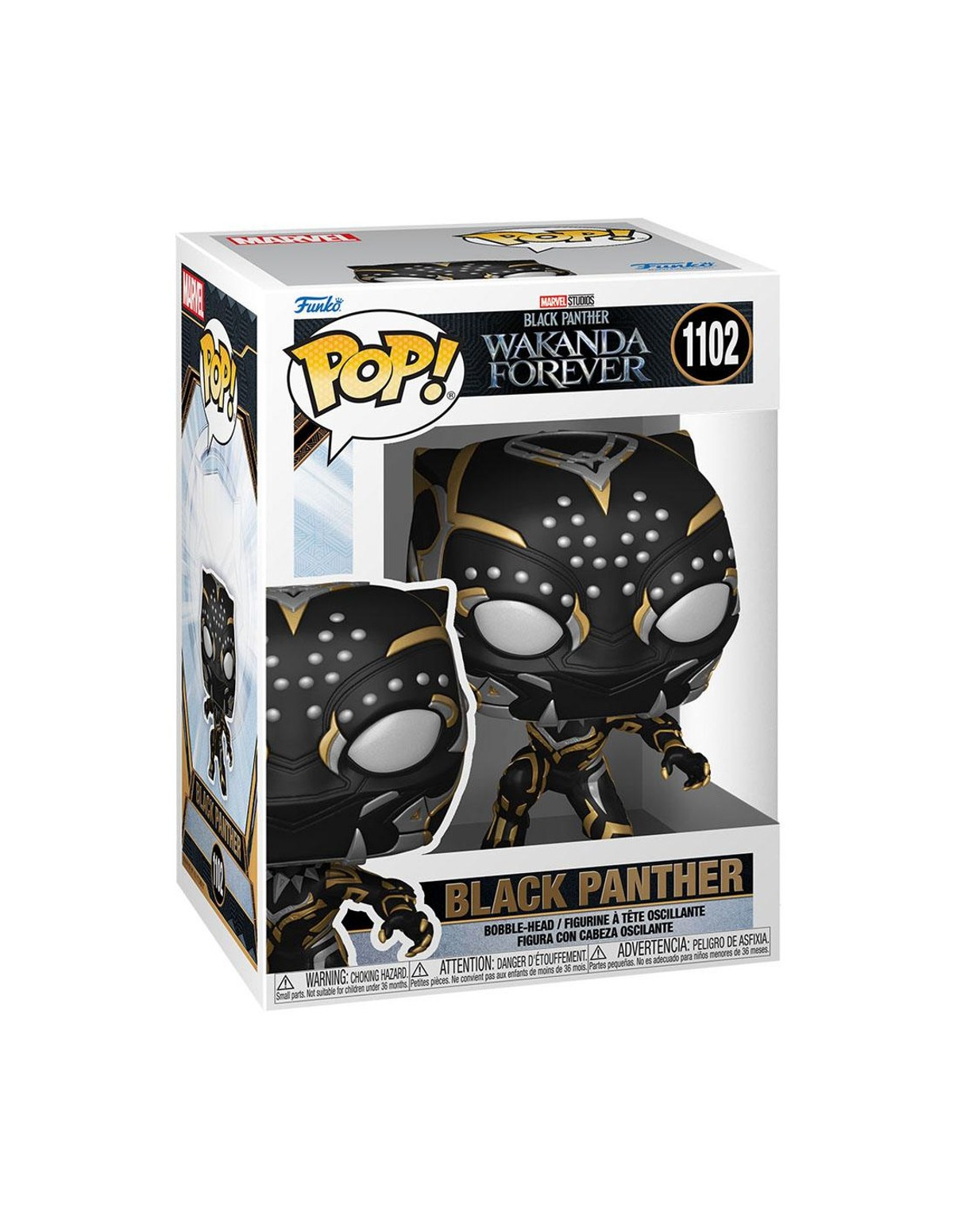 Personaggio Funko Pop Black Panther Wakanda Forever in una scatola. La scatola ha l'immagine del personaggio.