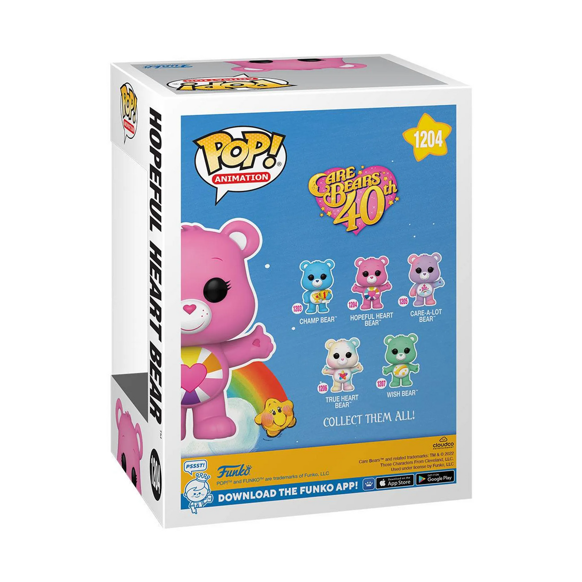 Eine Funko Pop-Box mit einer Hopeful Heart Bear-Figur und anderen Care Bears. Box ist weiß und farbenfroh.