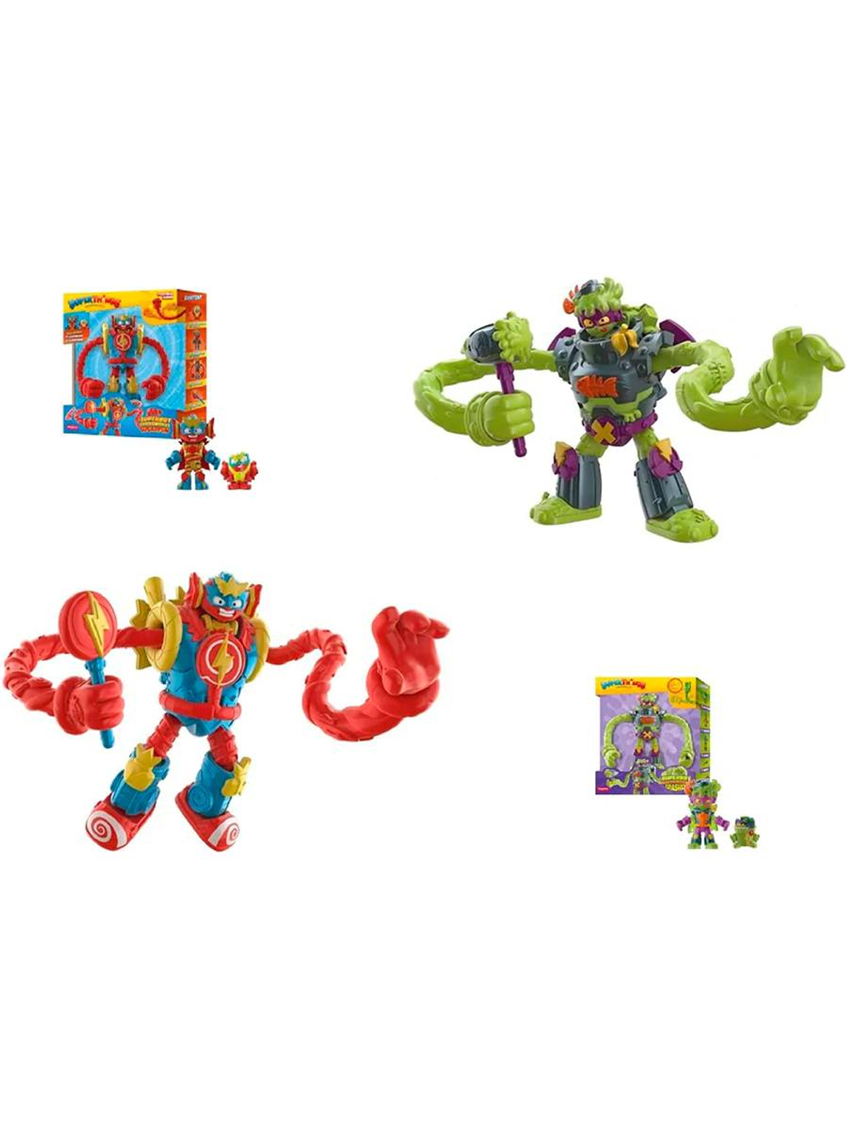 Varios robots de juguete coloridos. Uno tiene brazos rojos, otro brazos verdes y otro está en una caja.