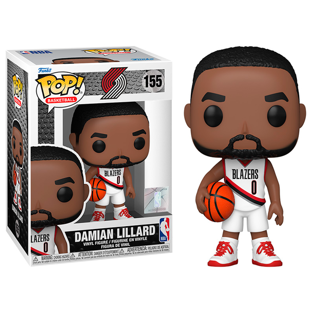 Eine Damian Lillard Funko Pop Figur in einer Box neben der Figur außerhalb der Box.