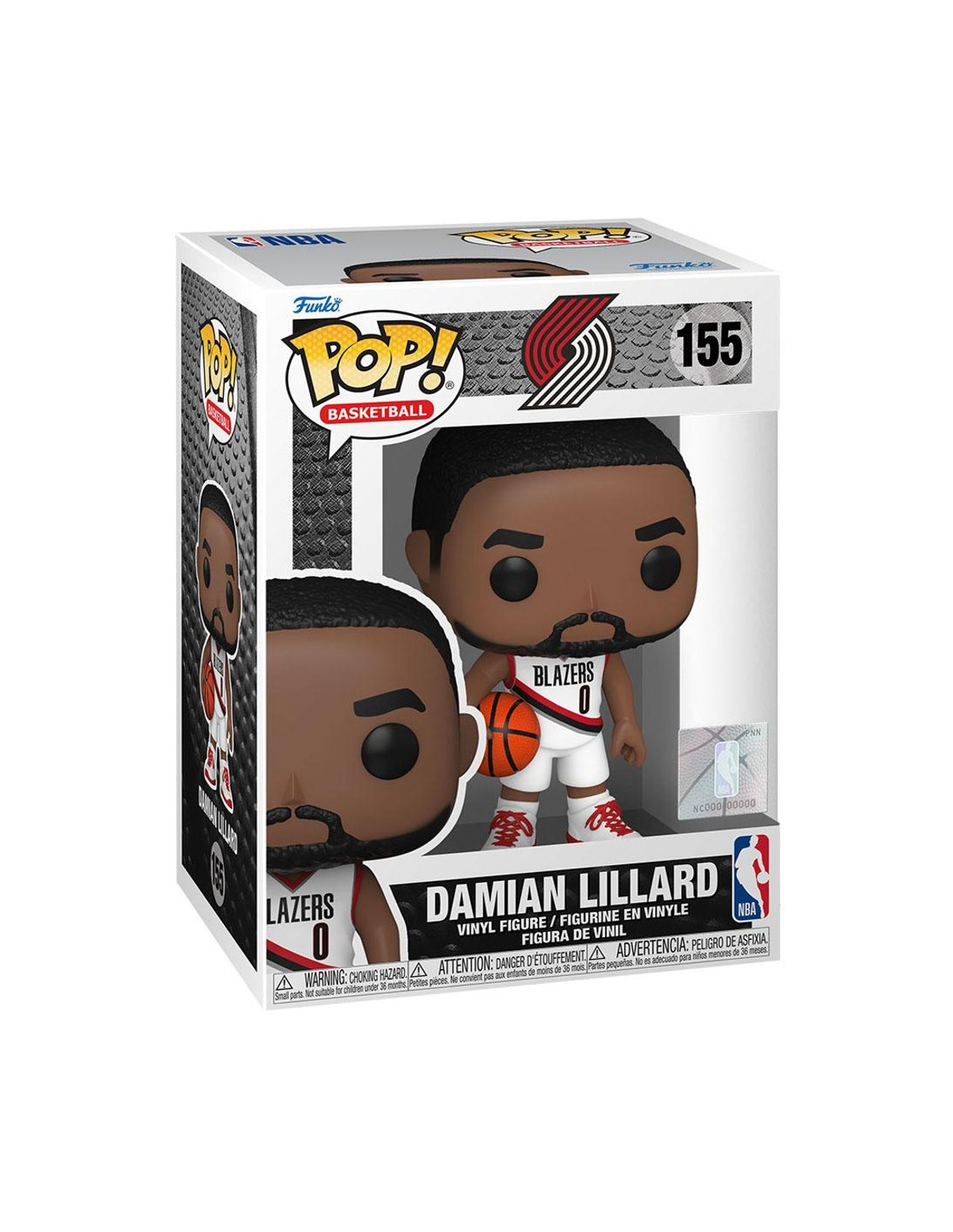 Damian Lillard Funko Pop-Figur in einer Box. Er trägt ein Blazers-Trikot und hält einen Basketball.