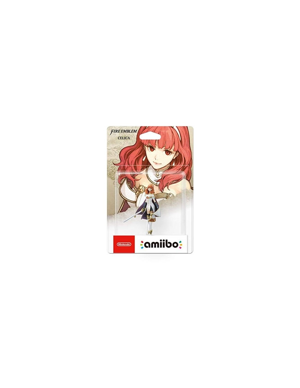 Figura amiibo de Fire Emblem Celica en embalaje. Un personaje femenino con pelo rojo y atuendo blanco.