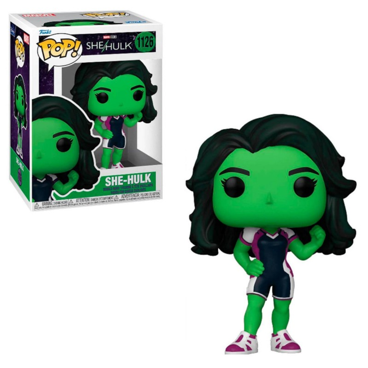 She-Hulk Funko Pop Figur in einer Box. Grüne Haut, lila und weißes Kostüm, und Funko Box.