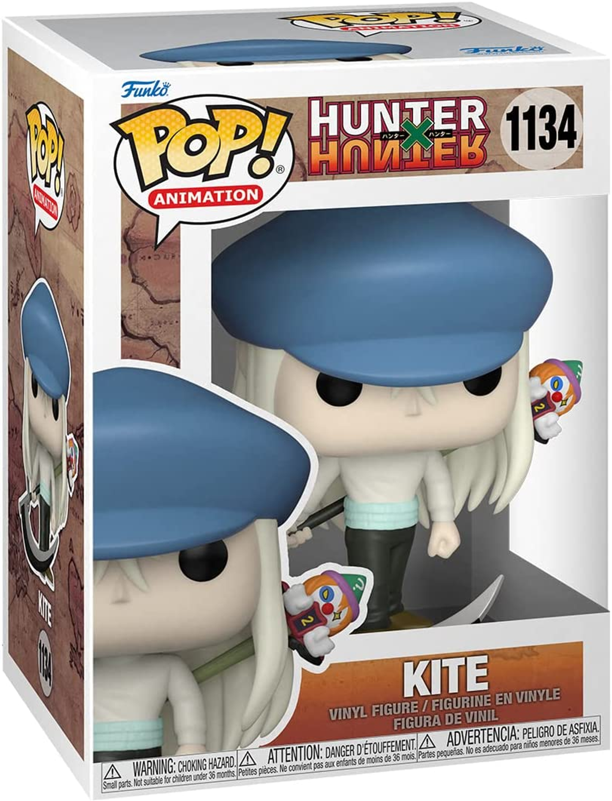 Kite-Figur in einer Box. Die Figur hat einen blauen Hut und ein clownartiges Gesicht.