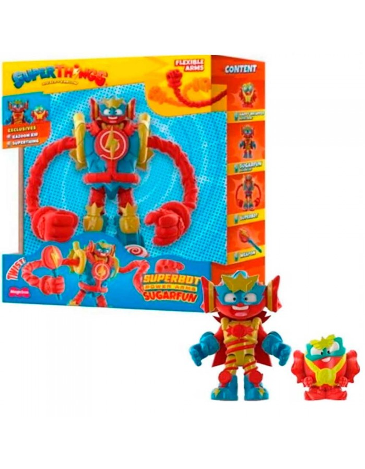 Figura de robot de juguete en una caja. Varias figuras de juguete pequeñas también son visibles.