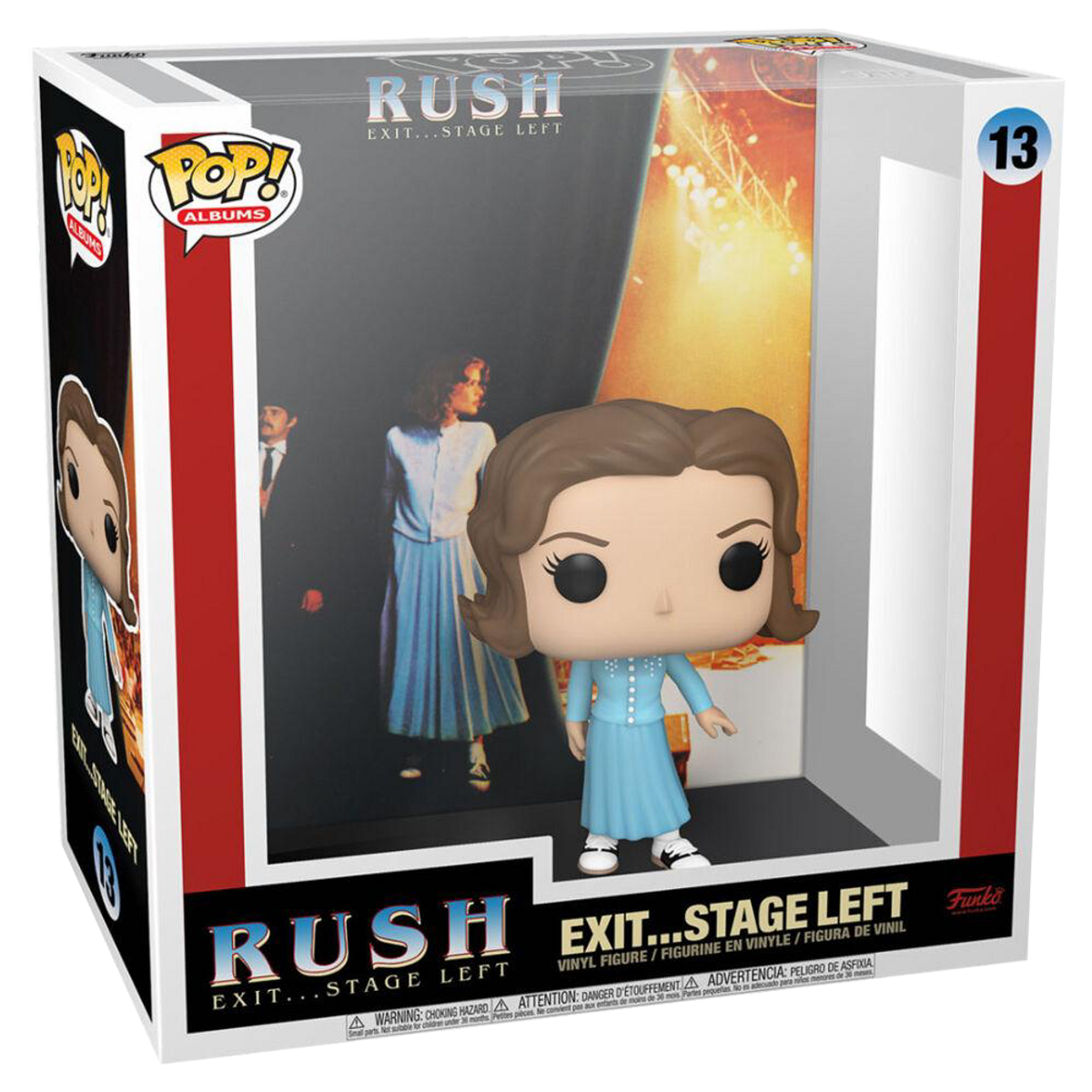 Eine Rush Exit... Stage Left Funko Pop-Figur in einer Box. Eine Frauenfigur steht vor einer Bühnenkulisse.
