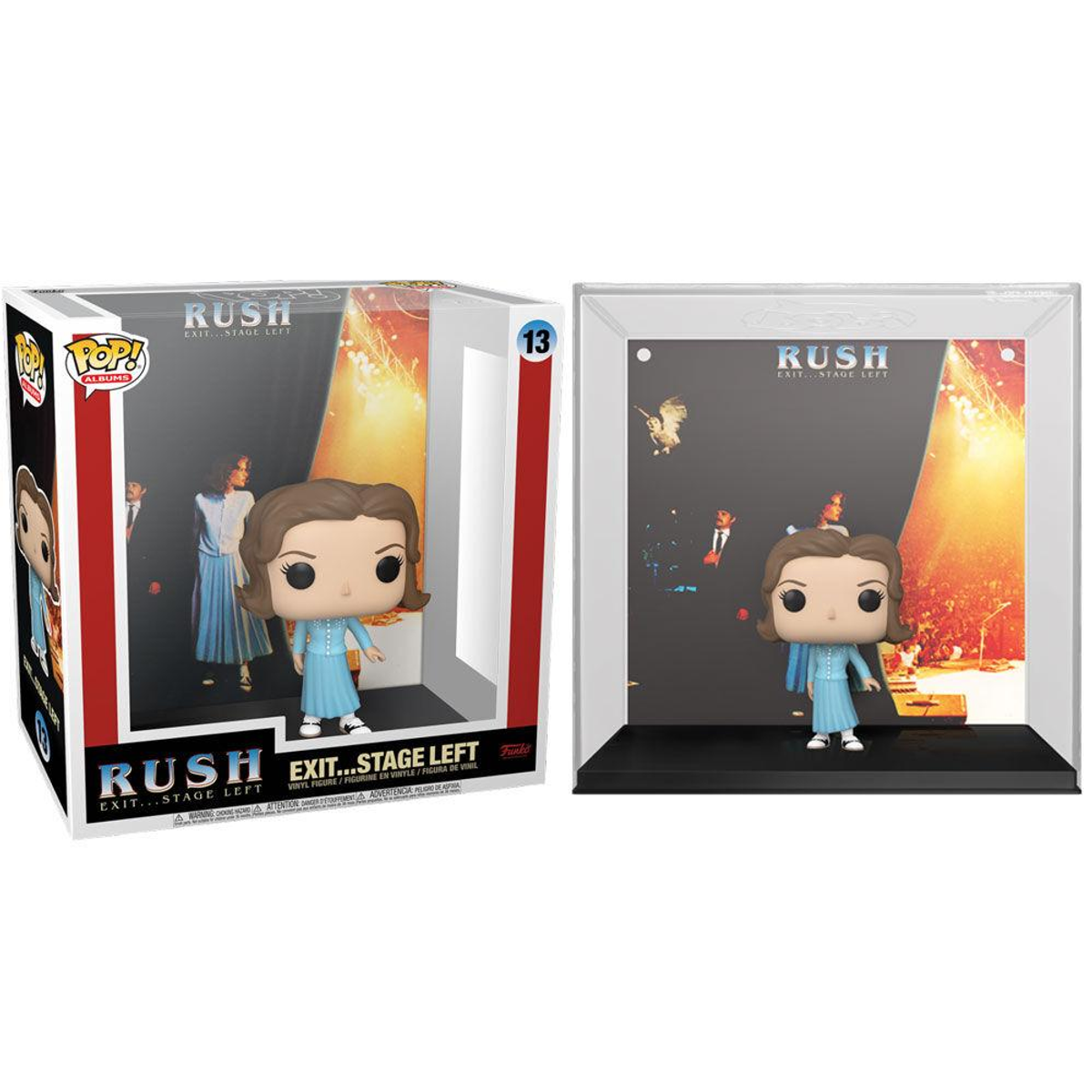 Eine Funko Pop-Figur einer Frau in blauem Kleid, in einer Vitrine, mit Rush-Bühnenhintergrund.