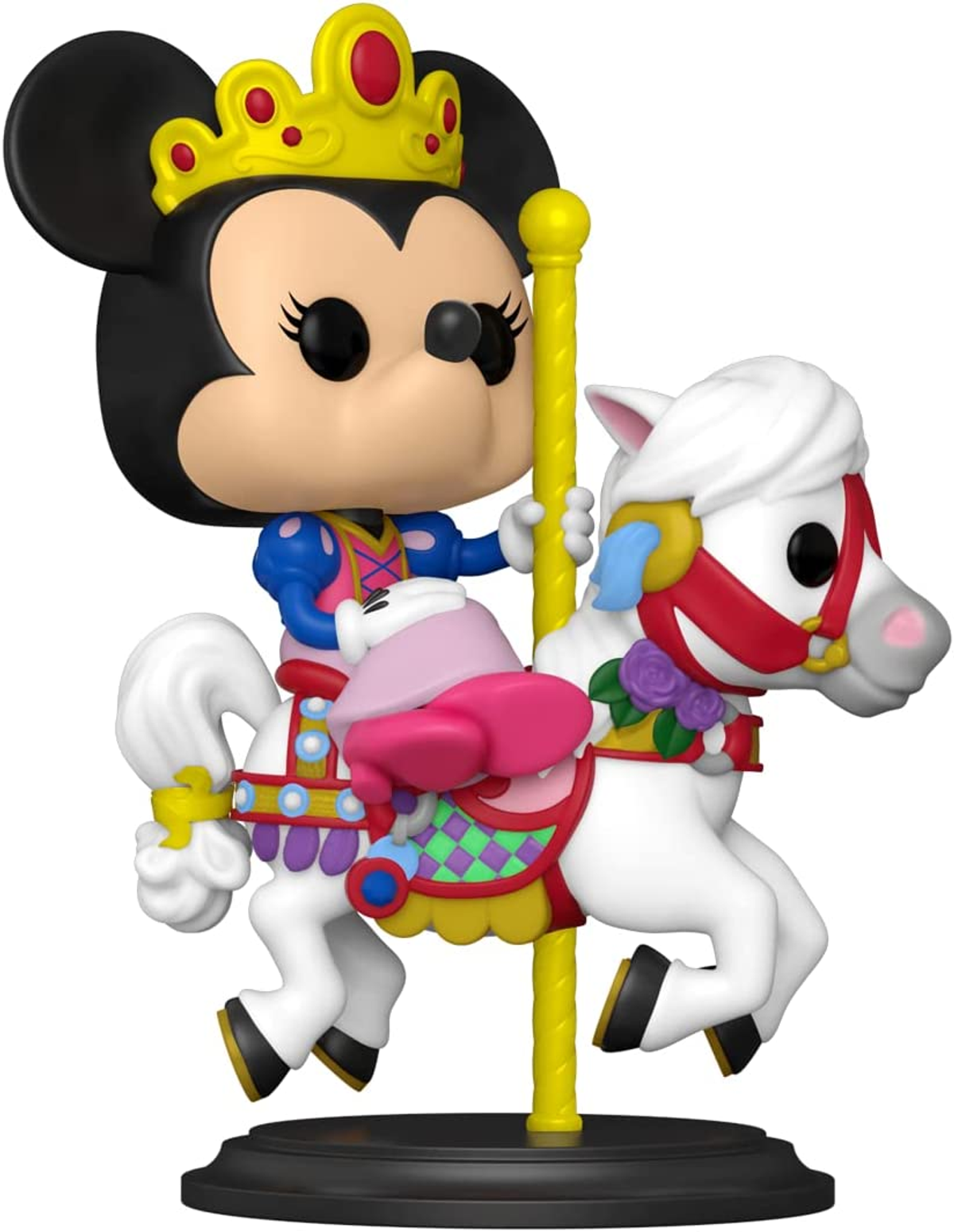 Figura de Minnie Mouse en un caballo de carrusel, con corona. Colores brillantes y diseño detallado.