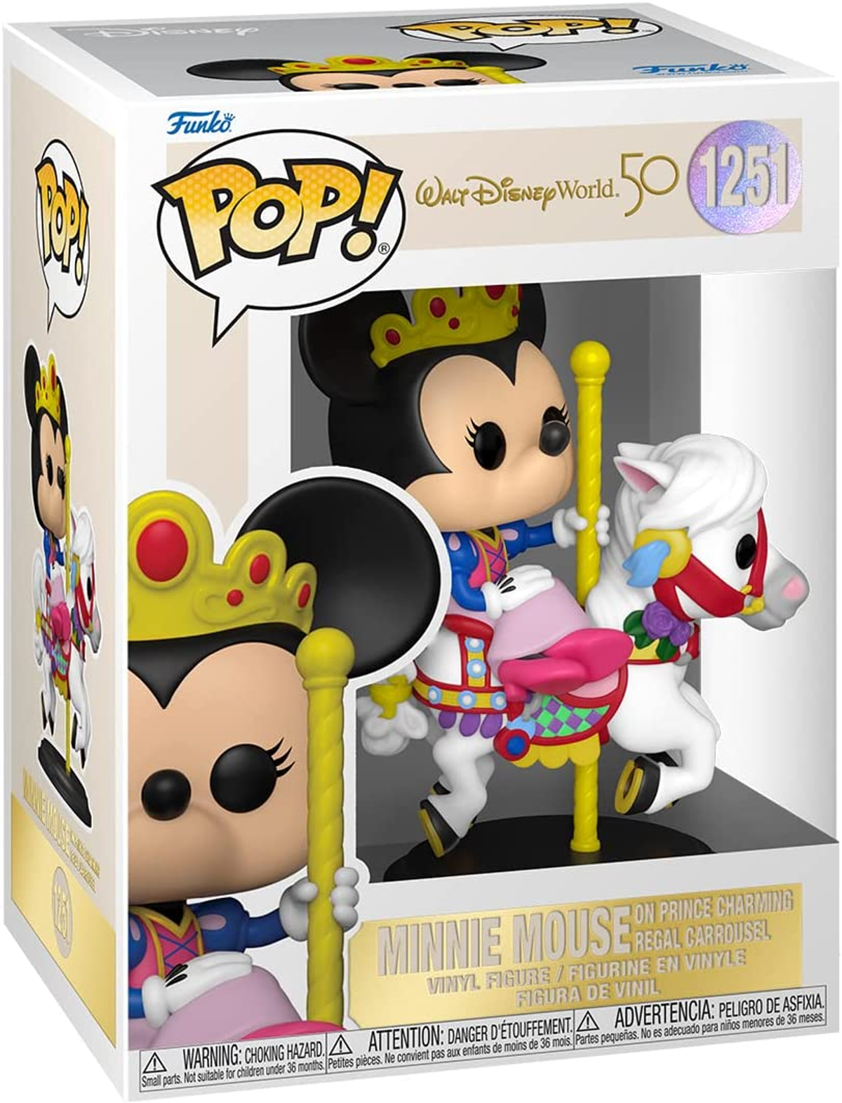 Figura Funko Pop de Minnie Mouse en un tiovivo, en una caja. 50 aniversario de Disney World.