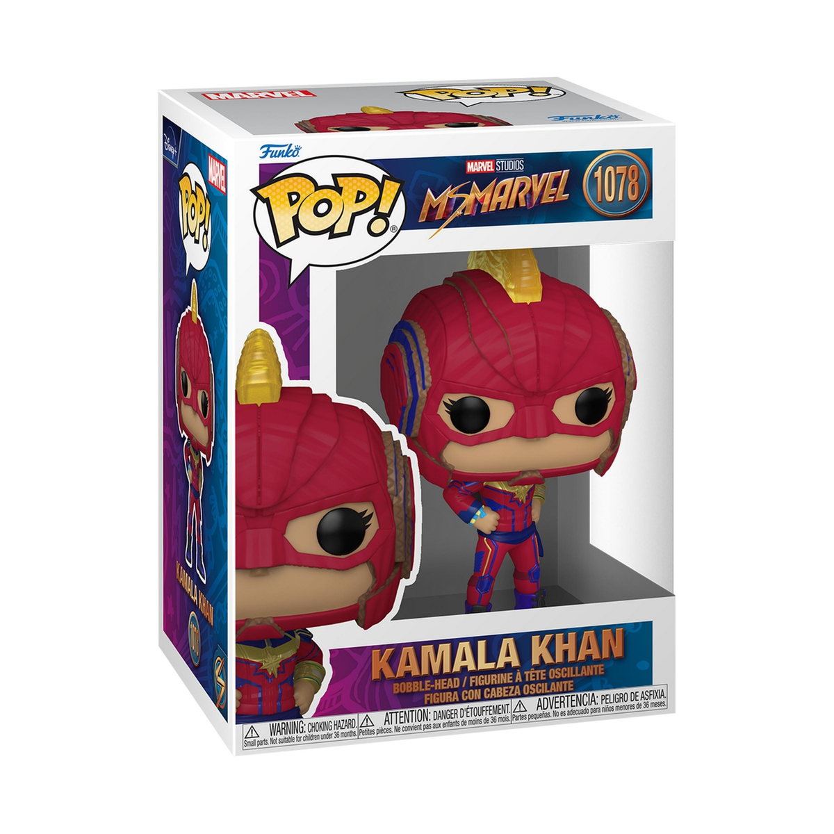 Funko Pop di Ms. Marvel in una scatola, che mostra la figura.