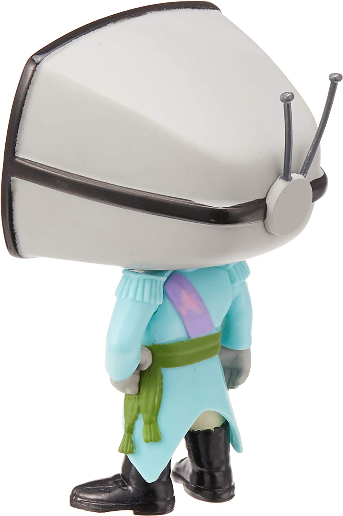 Una figura Funko Pop de un personaje con casco blanco, ropa azul claro y fajín verde.