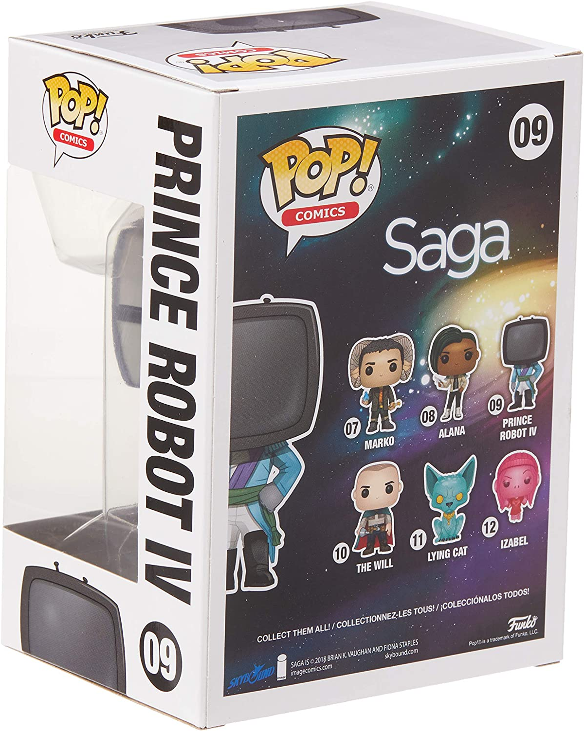 Una caja Funko Pop, que muestra personajes, el título "Saga" y el número 09. La caja está abierta por un lado.