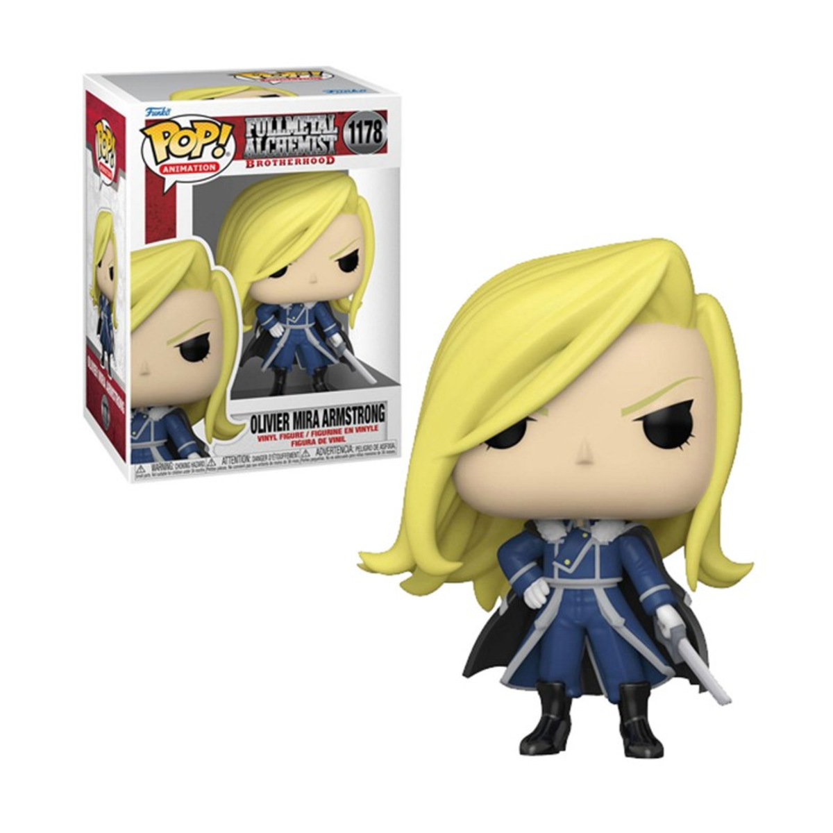 Funko Pop! Figur von Olivier Mira Armstrong aus Fullmetal Alchemist, in einer Box.