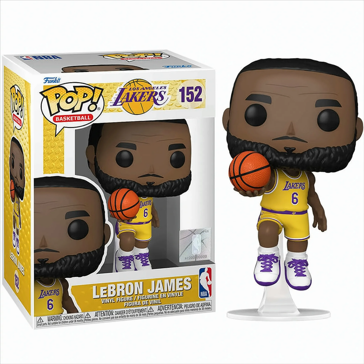Figurka Funko Pop LeBrona Jamesa. Trzyma piłkę do koszykówki obok swojego pudełka.