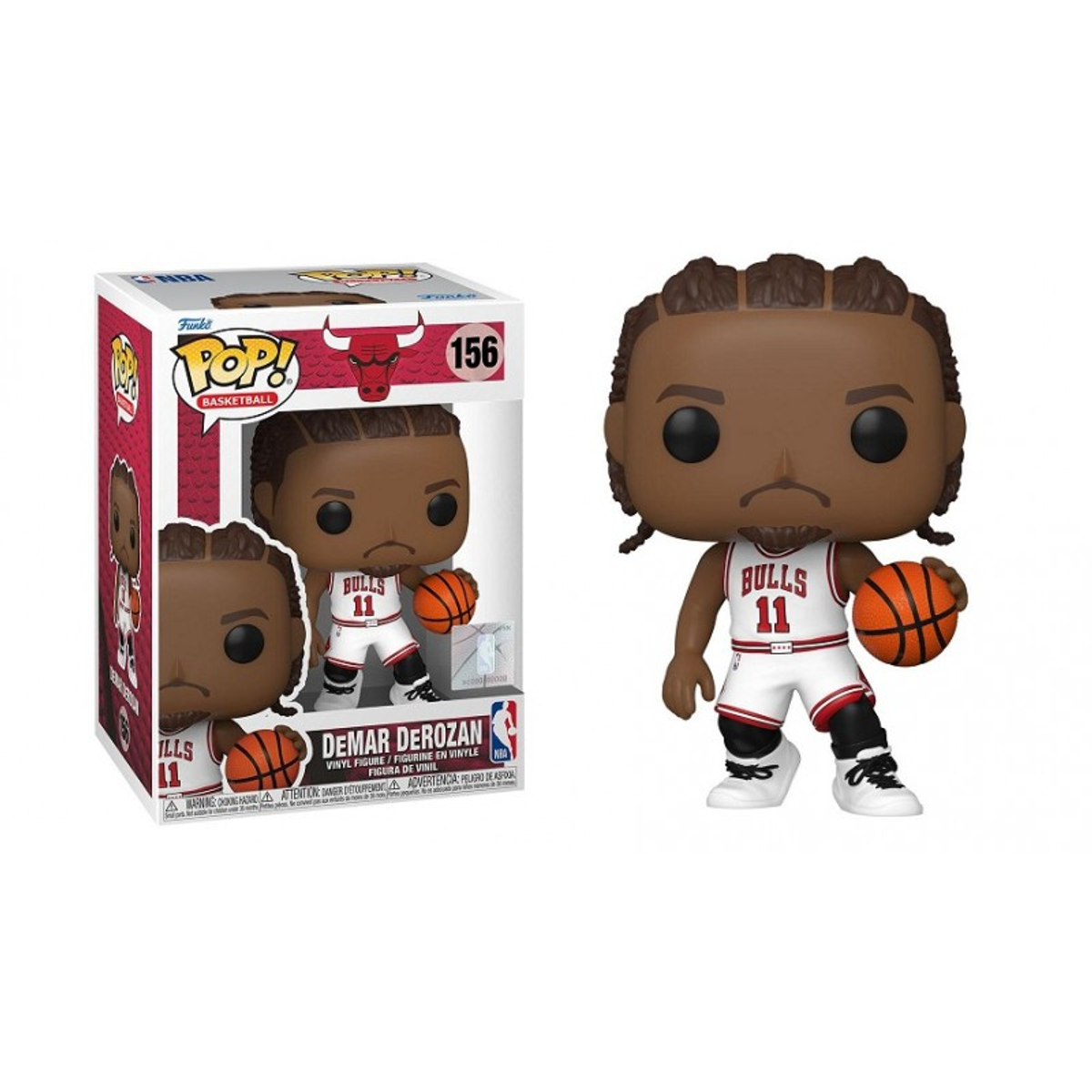 Eine Funko Pop-Figur von Demar Derozan im Bulls-Trikot mit Basketball.