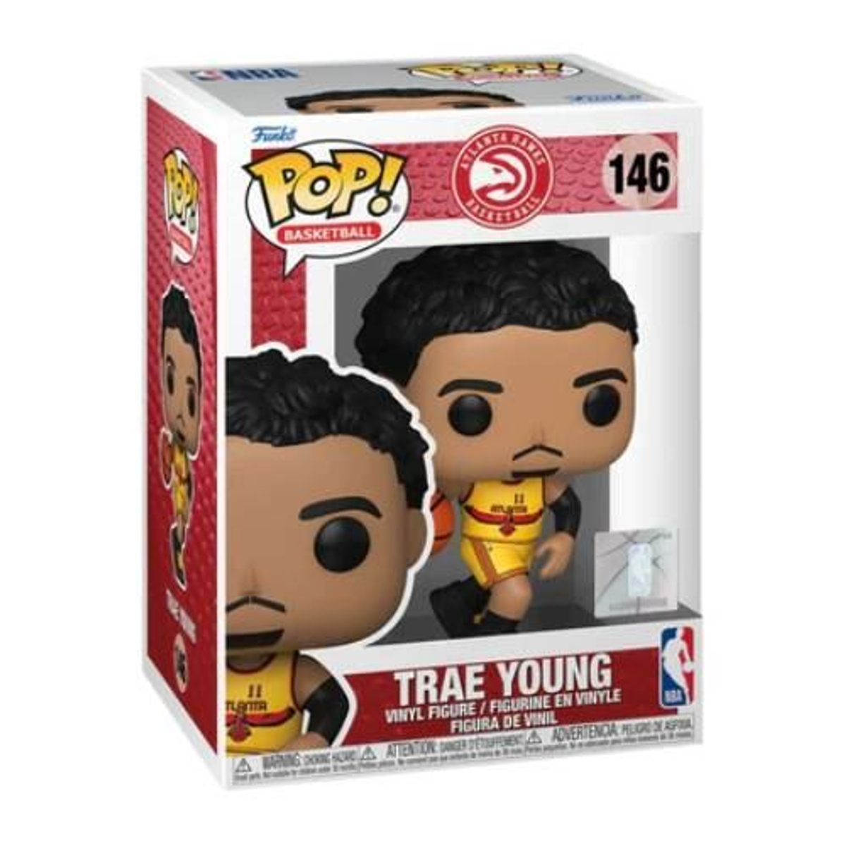 Funko Pop! Box mit Trae Young, Spieler der Atlanta Hawks, in gelb-schwarzem Trikot.