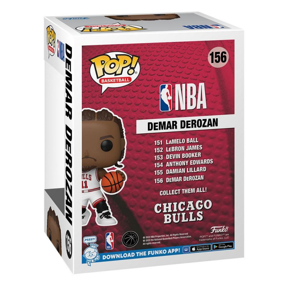 Eine Funko Pop-Box von Demar Derozan. Die Rückseite zeigt NBA-Logos und andere Spieler.