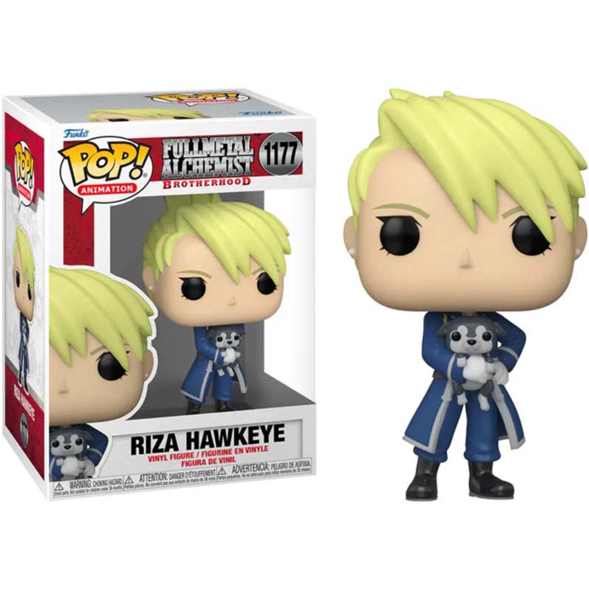 Riza Hawkeye Funko Pop Figur mit Box, hält einen kleinen Hund, blondes Haar, blauer Mantel.