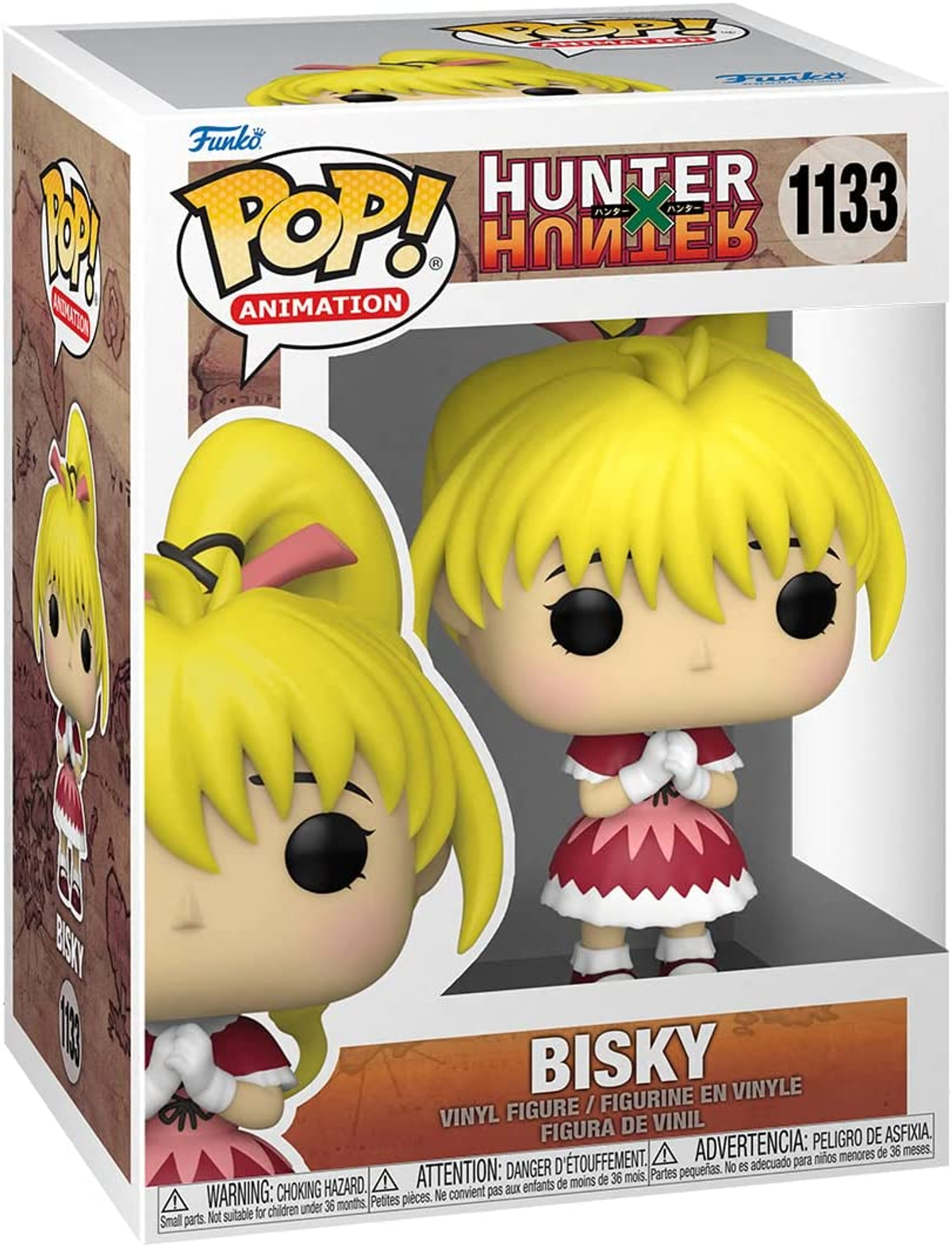 Una scatola Funko Pop con una figura di Bisky. La scatola mostra il logo di Hunter x Hunter e i dettagli della figura.