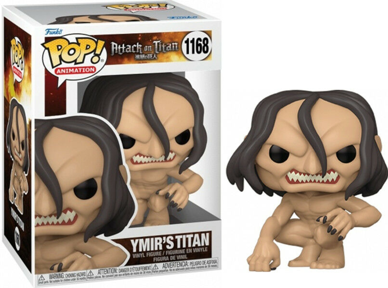 Funko Pop Figur von Ymir's Titan aus Attack on Titan, in einer Box ausgestellt.