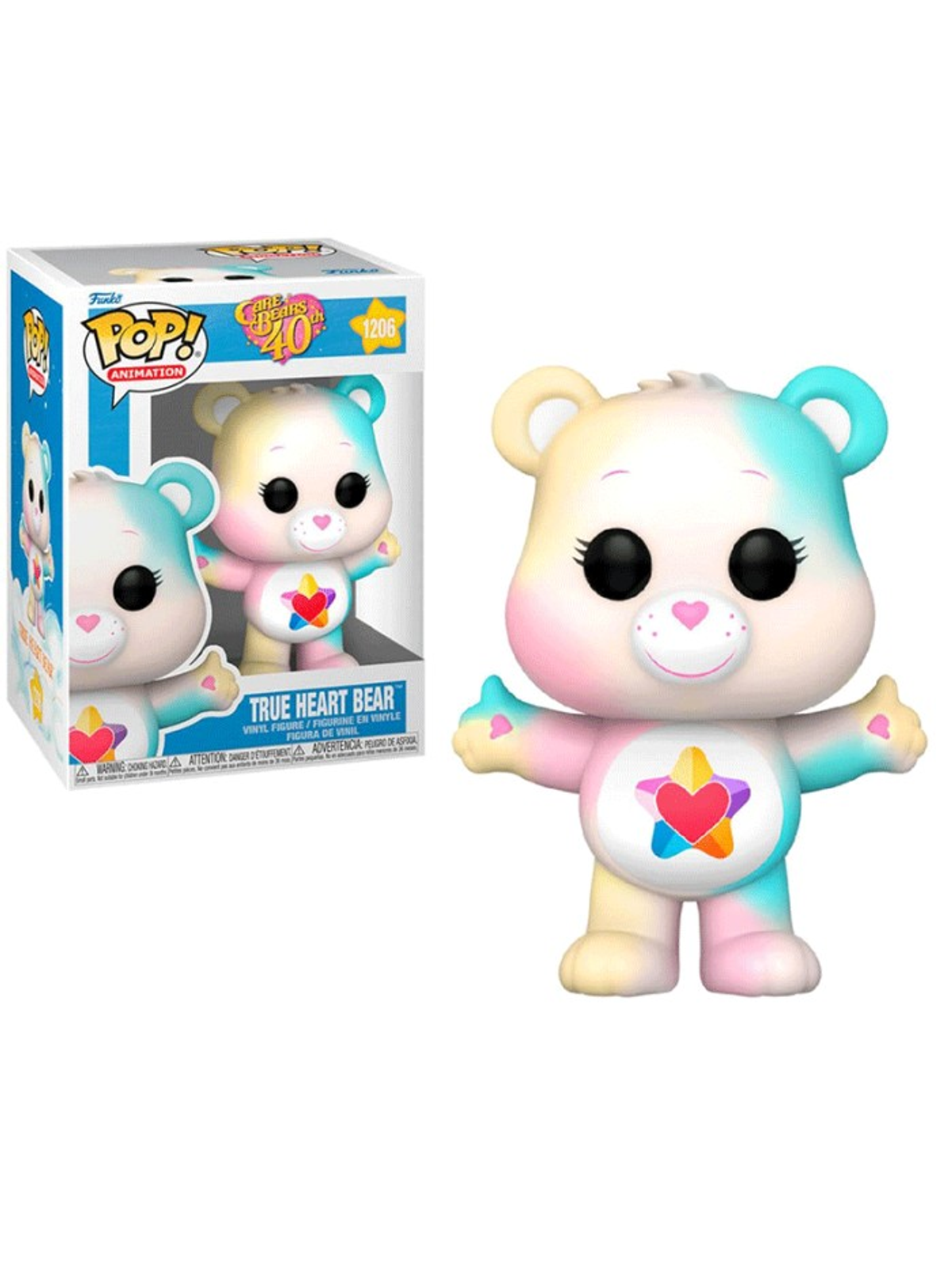 Care Bears True Heart Bear Figur, stehend, mit Box auf weißem Hintergrund.