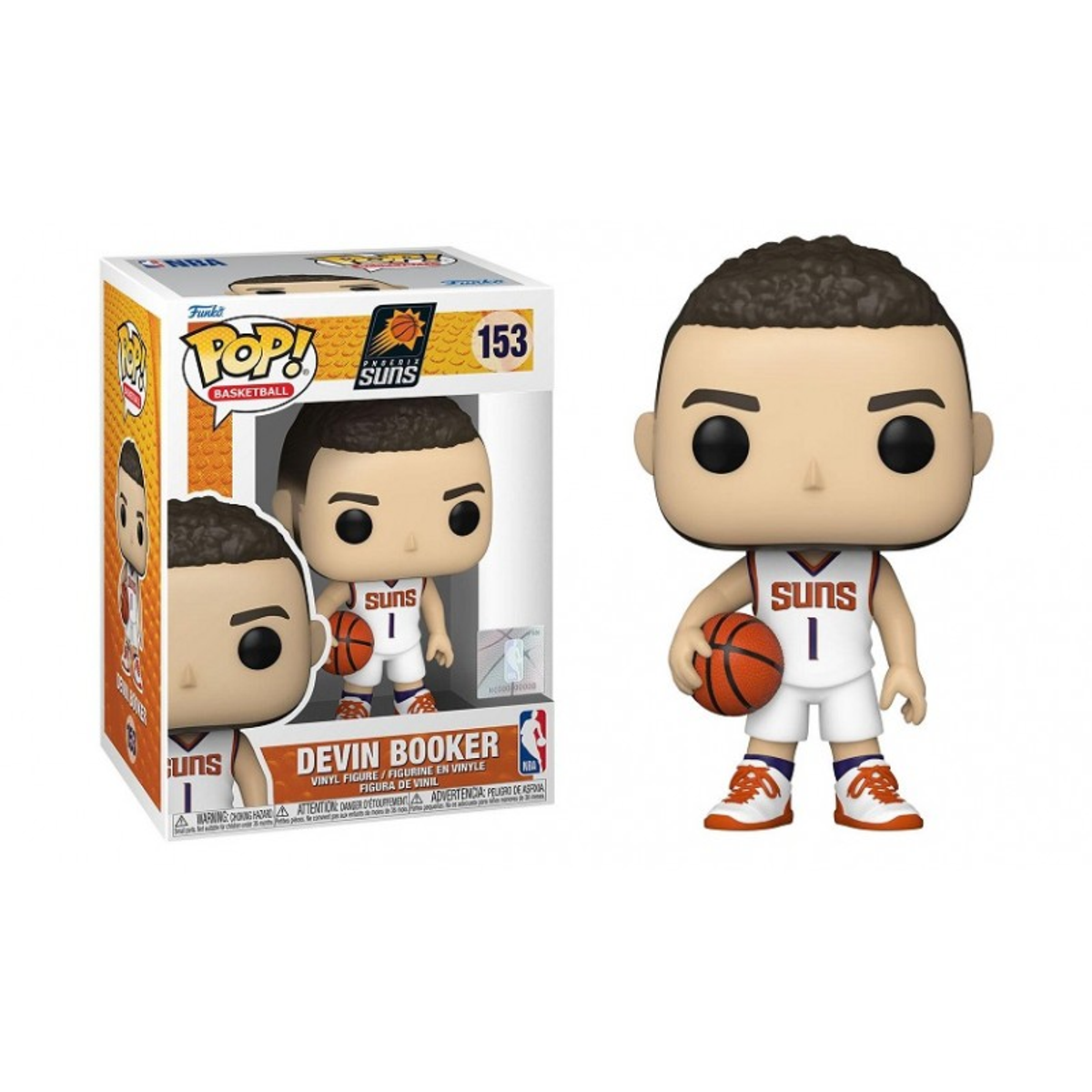 Devin Booker Funko Pop Figur mit weißem und orangefarbenem Suns-Trikot, zusammen mit der Box.