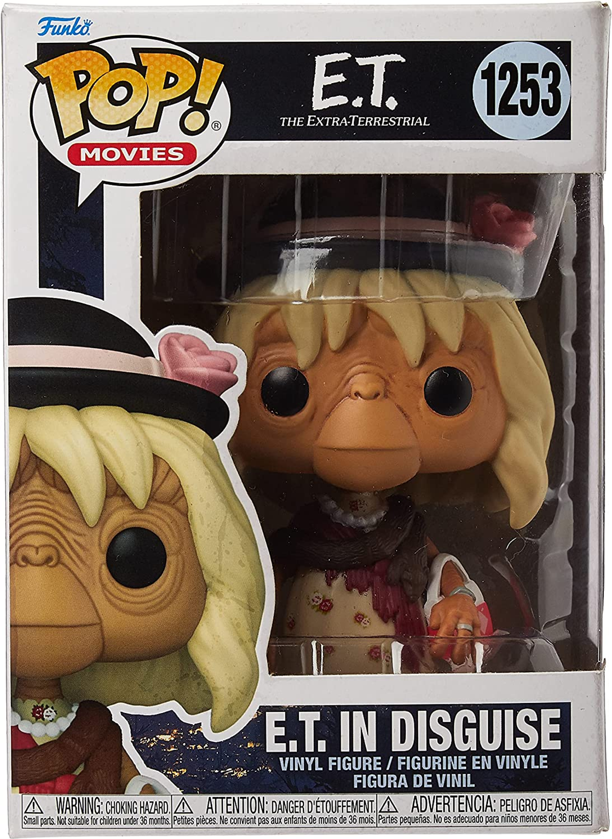 Scatola Funko Pop di E.T. in incognito, con l'alieno con cappello e vestito floreale.