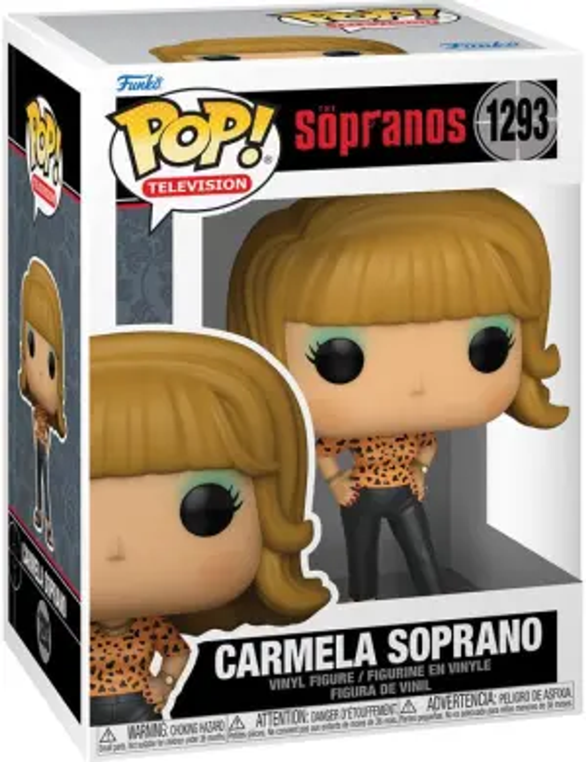 Figura di Carmela Soprano Funko Pop in una scatola. La scatola mostra la figura e ha del testo.