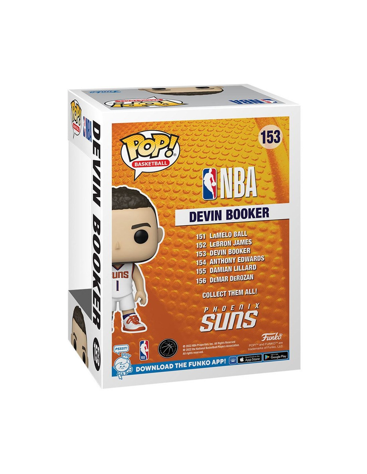 Funko Pop Box mit Devin Booker, NBA-Basketballspieler. Die Rückseite listet weitere Spieler auf.