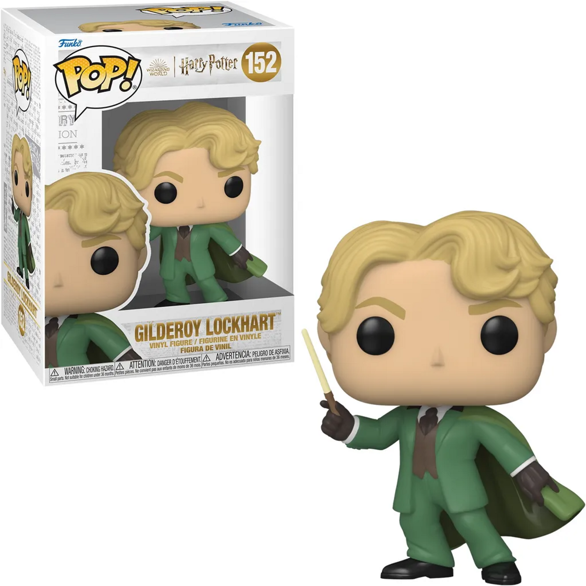 Funko Pop Figur von Gilderoy Lockhart. Blondes Haar, grüner Anzug und hält einen Zauberstab.